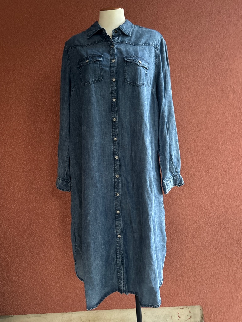 Button-Front Long-Sleeve Denim Shirt Dress - Blue